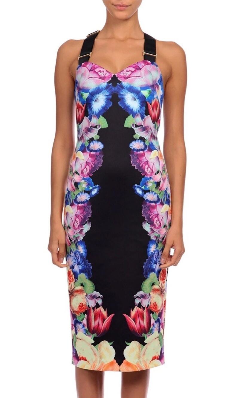 Ted Baker Deony Floral Bodycon Midi Dress Black Buckle Strap Size 2 US 6